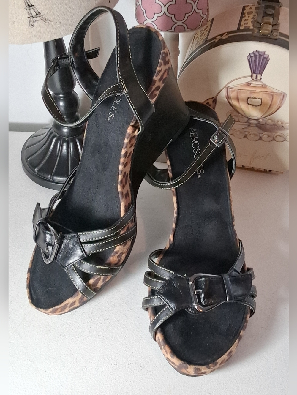 Aerosoles Black & Leopard Print Buckle Open Toe Wedge Slingback Sandal Sz 9.5M